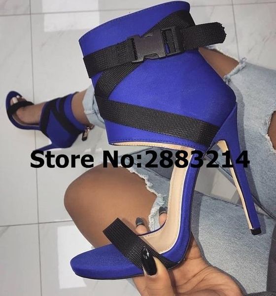 

blue buckle covering stiletto heels lady dress open toe sandals ankle wrap dance shoes high sandalias mujer 2021, Black