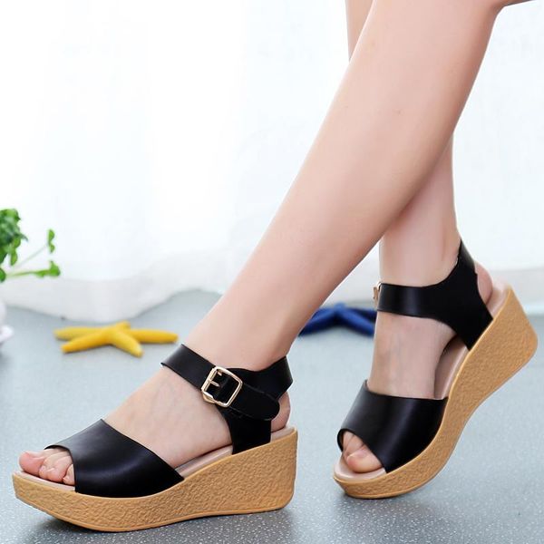 

dress shoes 2021 summer women's thick bottom high heel fish mouth large size flat muffin wedge sandals women, Black