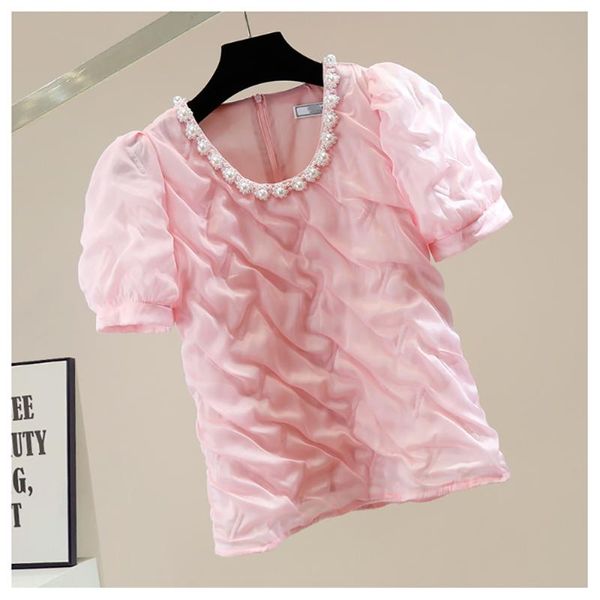 

women's blouses & shirts fashion pearl beading white pink black short women casual elegant flods straight puff sleeve summer