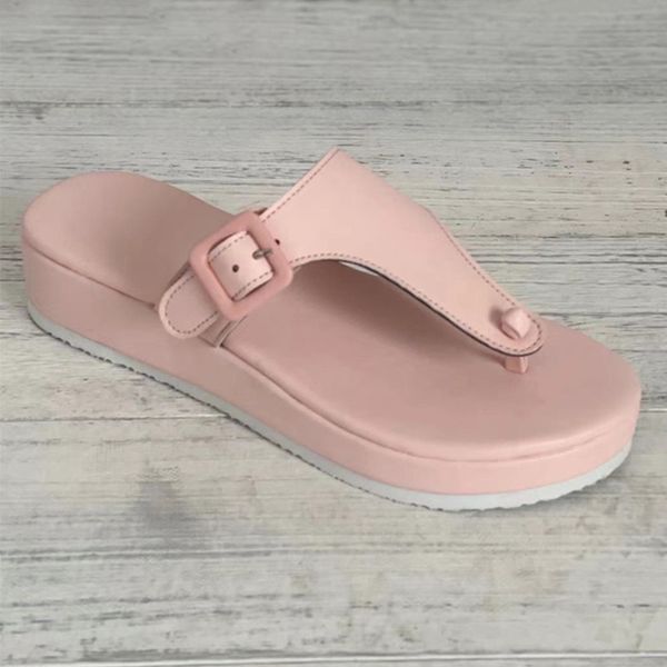 

Women Wedges Slippers New Summer Open Toe Beach Shoes Casual Ladies Sandals Solid Color Buckle Flip Flops Female Footwear, Pink