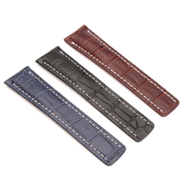 

watch bands black/dark blue/brown 24mm alligator grain strap genuine leather replacement watchband wristband, Black;brown
