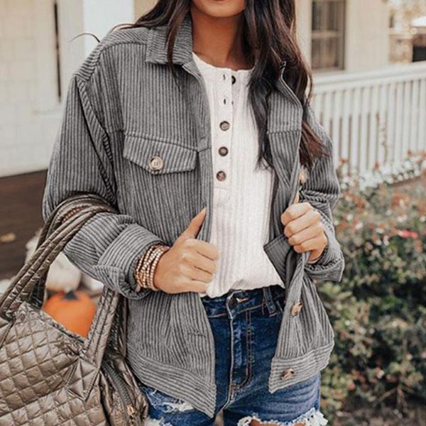 

women's jackets 2021 fashion women corduroy jacket turn down collar long sleeve pockets button up coat solid color short outerwear loos, Black;brown