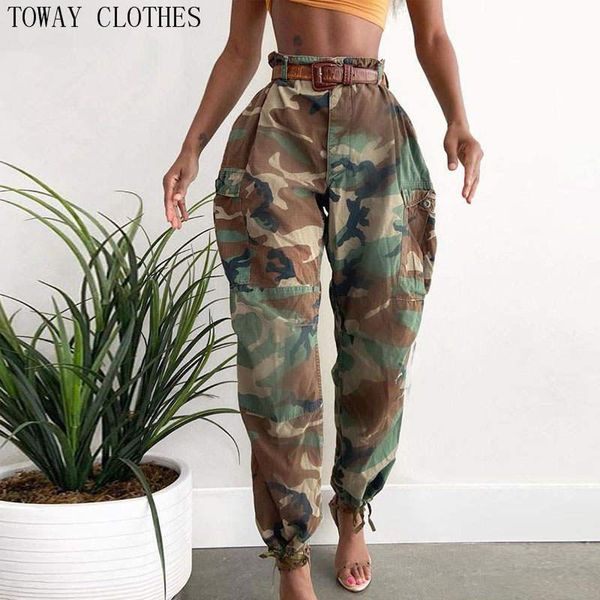 

women's pants & capris 2021 women high waist full length cargo pocket green camouflage female trousers, Black;white