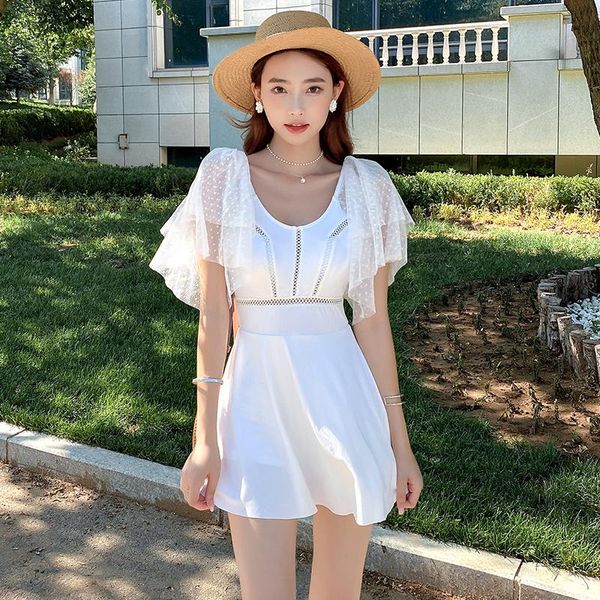 

one-piece suits mesh ruffle sleeve one piece swimsuit solid hollow out bathers ladies skirted beachwear boyshort monokini beach bathing suit