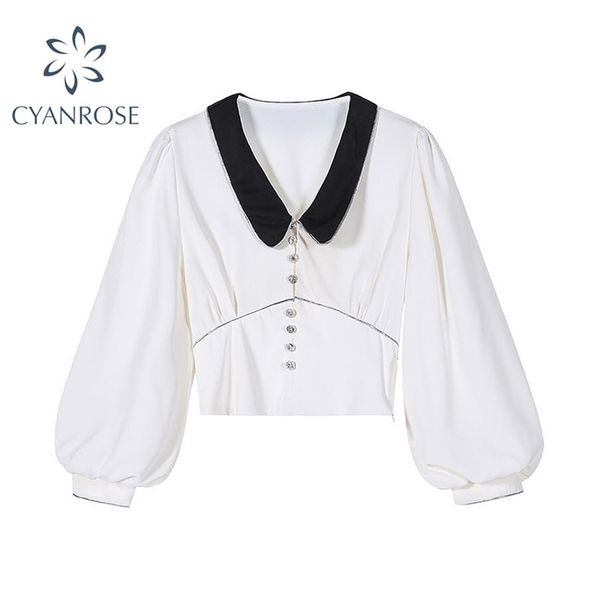 

women lantern long sleeve chiffon shirt button white casual fashion elegant vintage autumn office white slim ladies 210515