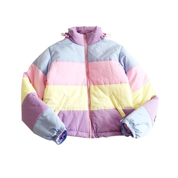 

women's trench coats 2021 women coat oversized harajuku short parkas padded warm jacket pockets winter clothing rainbow stripe splicing, Tan;black