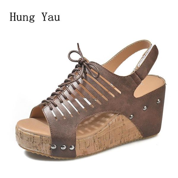 

women sandals 2021 summer fashion wedges shoes woman slides peep toe rivet beautiful lady casual hook & loop plus size 35-43, Black