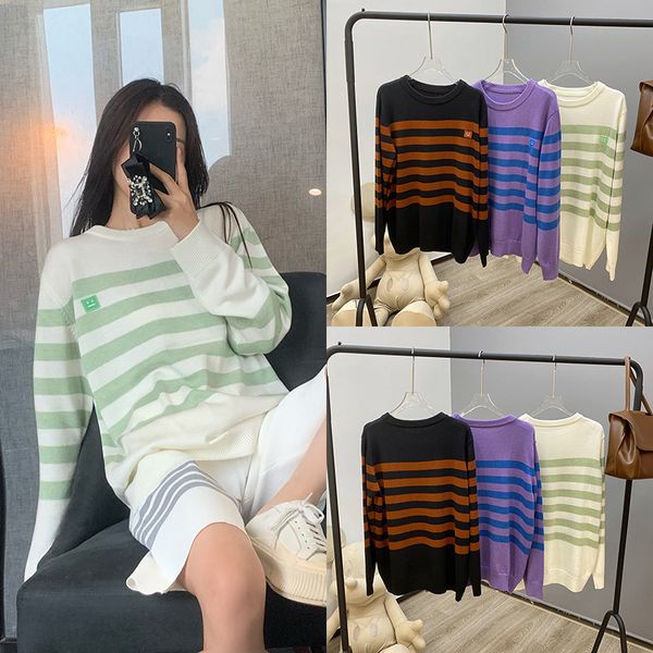 

swedish minority ac2021 autumn winter square smiling face blue and white stripe women's color matching round neck wool sweater trend