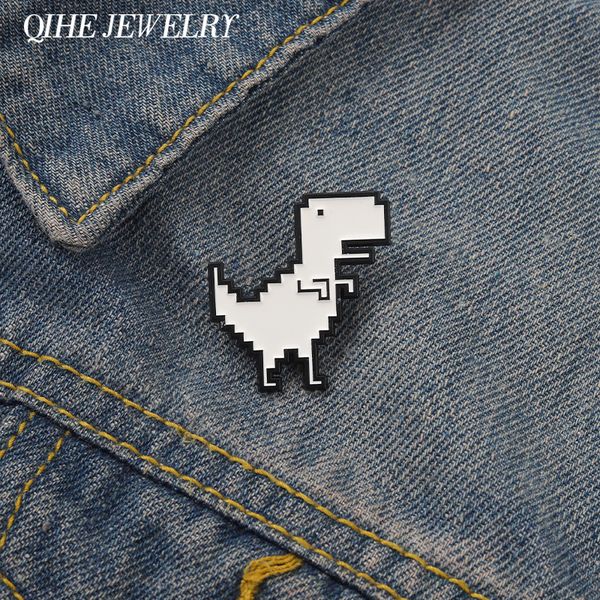 

pixel dinosaur enamel pins cute brooch white animal cartoon badge brooch lapel clothes sweater backpack women kids funny wholesale jewelry g, Gray