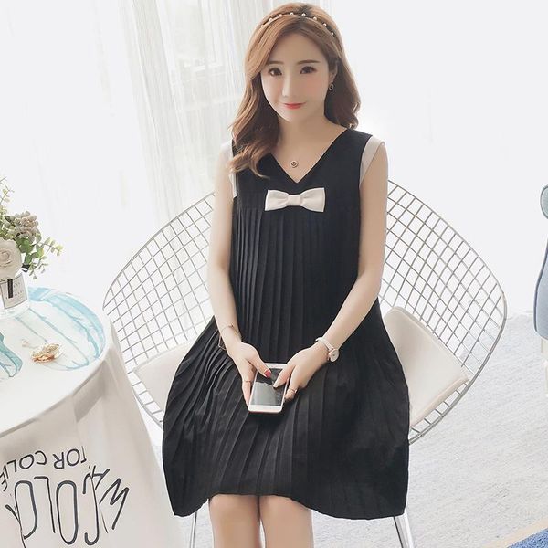 

maternity dresses summer korean fashion dress sweet tank sleeveless pleat chiffon clothes for pregnant women v neck loose pregnancy1, White
