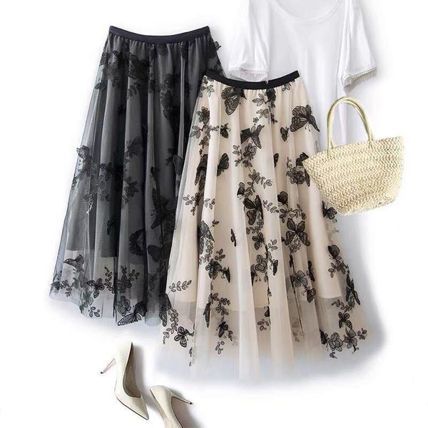 

printing mesh tulle elastic women skirt high wais tembroidery spring summer a line maxi long, Black