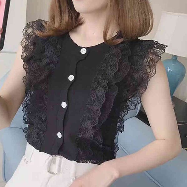 

women's t-shirt camisas de mujer summer thin knitted tshirt button women t lace patchwork sleeveless womens tee clothes zbw3, White