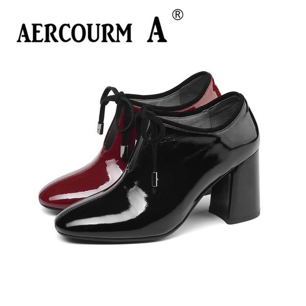 

dress shoes aercourm a 2021 women lace-up bright skin lady patent leather square high heel pumps spring black wine-red