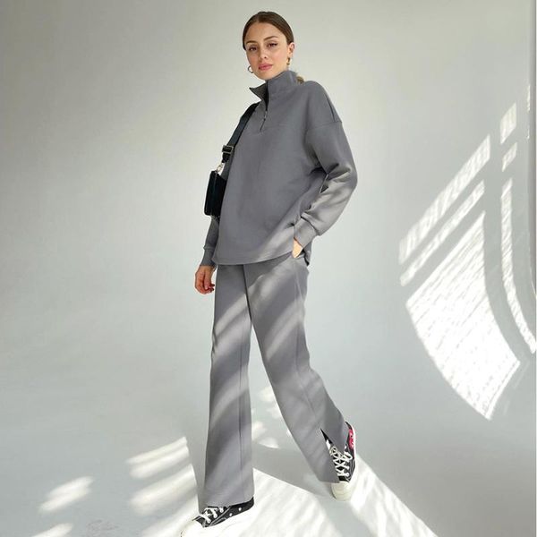 

women's two piece pants sweatshirt sets pullover stretch stand collar zipper knitted suit women casual split high waist straight outfit, White