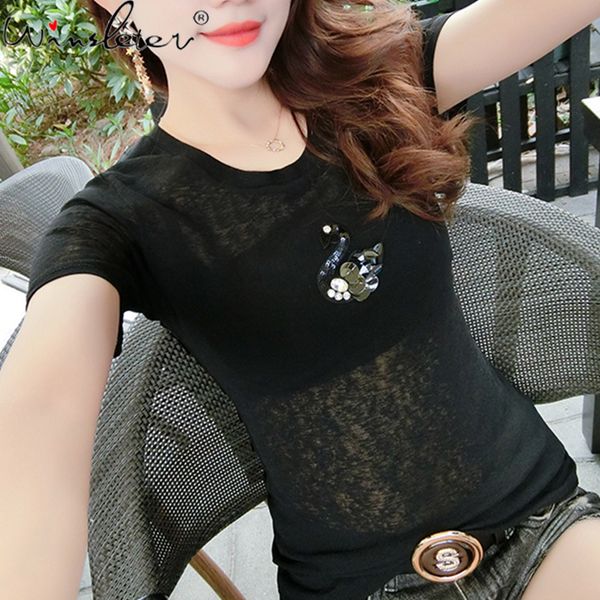 

women's t-shirt summer korean clothes girls o-neck shiny beading swan women back transparent short sleeve tees 2021 t121, White