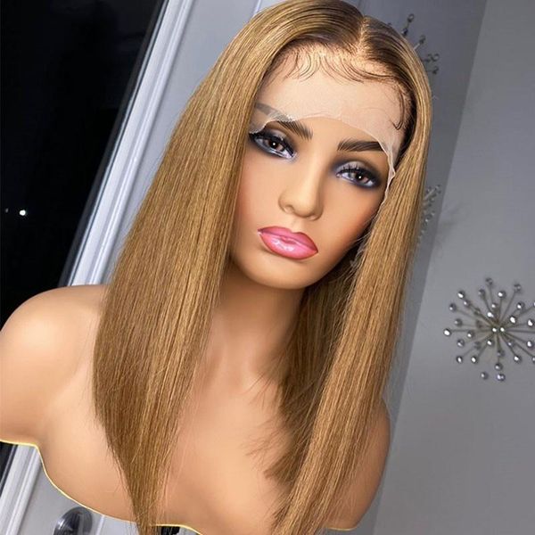 

lace wigs t4 27 ombre honey blonde 4*4 closure human hair for women wig brazilian remy short bob front, Black;brown