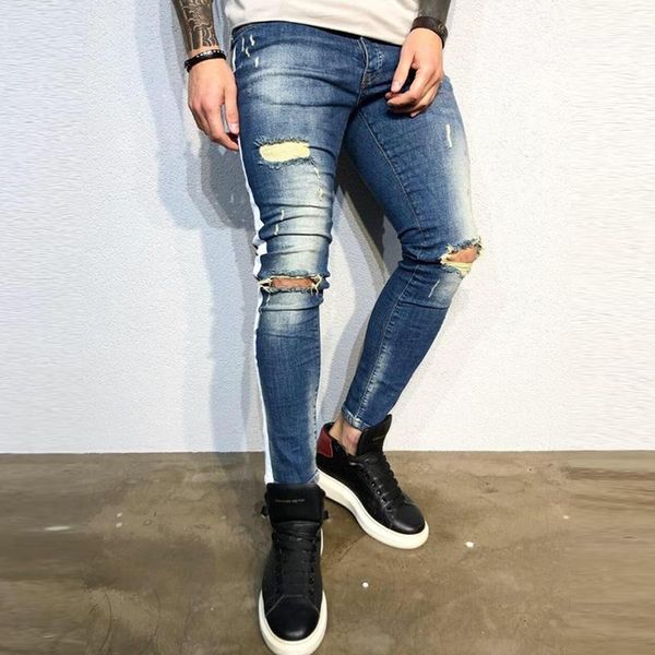 

streetwear men's jeans vintage hole ripped pants hip hop men stretch, Blue