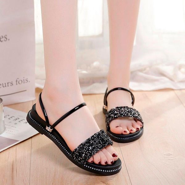 

dress shoes 2021 summer sandals women flat fashion rhinestone for beach platform woman slippers, Black