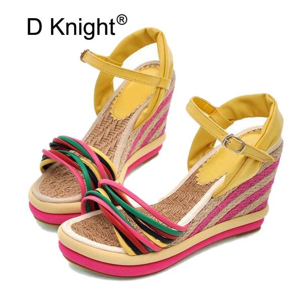 

summer yellow black green wedge espadrilles women sandals open toe gladiator casual buckle straps platform