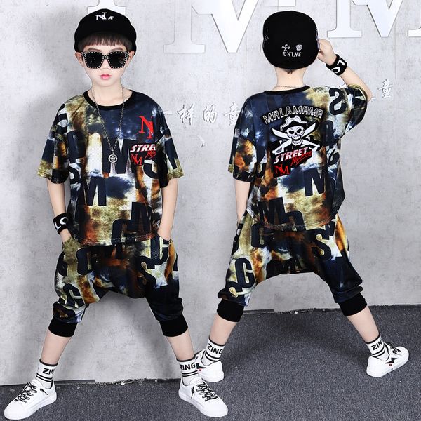 

2 pieces suit kids teenage boys clothing sets hip-hop dancing sports tracksuits cotton t-shirt + shorts boys summer outfits, White