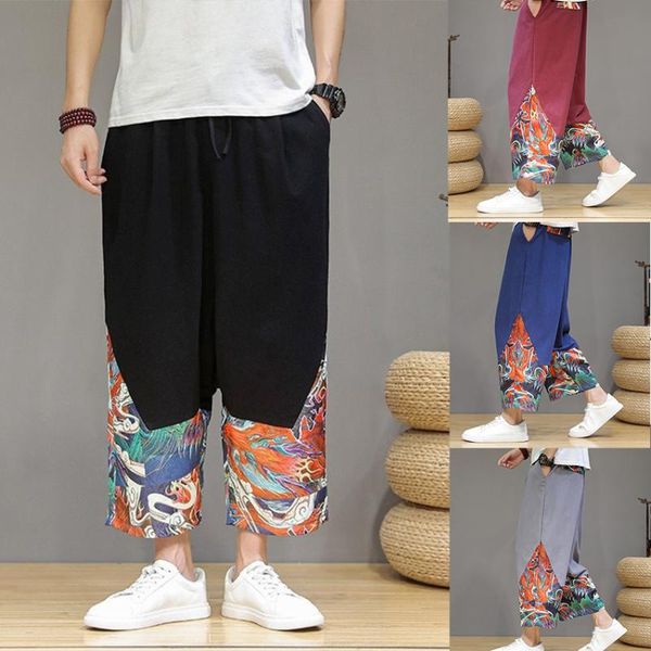 

summer japanese fashion men harajuku patchwork trousers streetwear samurai print retro kimono jogging pants plus size ethnic clothing, Red