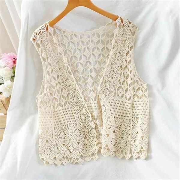 

spring summer hollow out lace vest crochet sleeveless waistcoat women open stitch short outwear chalecos para mujer 210819, Black;white