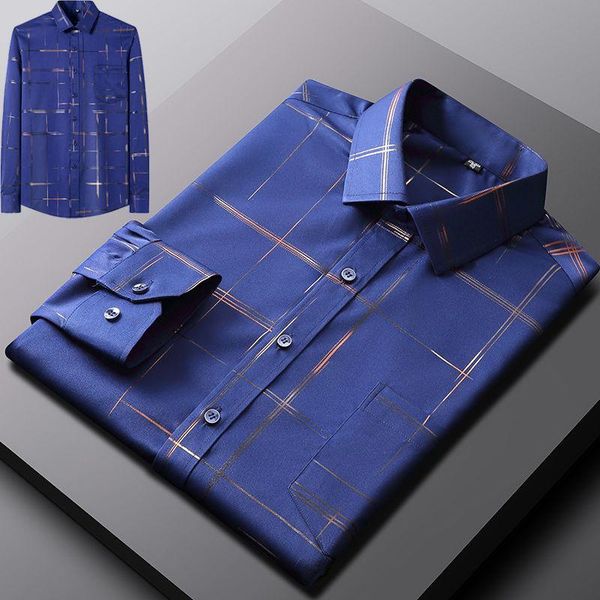 

men's casual shirts luxury dress mens plaid printed long sleeve shirt spring autumn no iron stretchy fashion streetwear korean, White;black