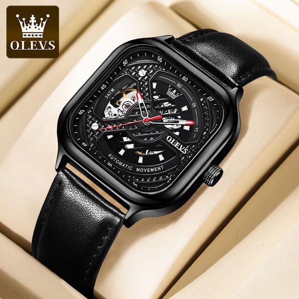 

olevs men automatic hollow mechanical clock steampunk saffier glass leather transparent waterproof sports 6634, Slivery;brown