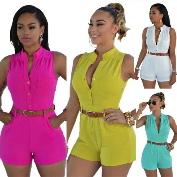 Mulheres Casual Jumpsuit Apertado Macacão Macacão Verão Sem Mangas V Neck Confortável Sexy Mid Cintura Romper com cinto LX