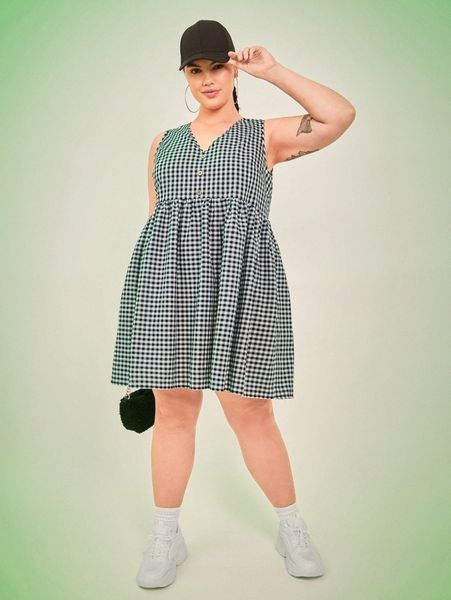 

plus gingham print fake buttons tank dress a1fo#, Black