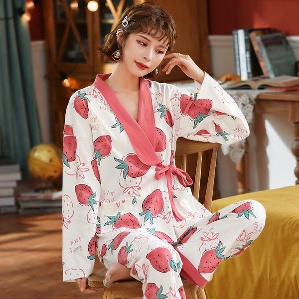 

women's sleepwear pure cotton pajamas women autumn and winter lovely japanese sweet baby collar long sleeve thickened suit all kimono h, Black;red