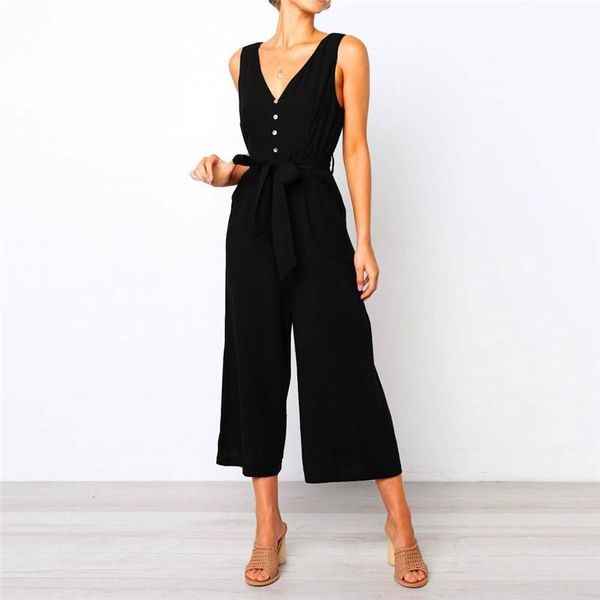 

women's jumpsuits & rompers 2021 fashion elegant ladies jumpsuit with button sleeveless backless beach high waisted wide playsuits soli, Black;white