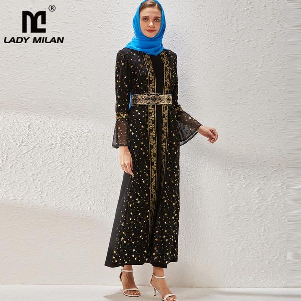 

casual dresses women's runway dress o neck long sleeves embroidery lace up belt fashion false two piece robes vestido, Black;gray