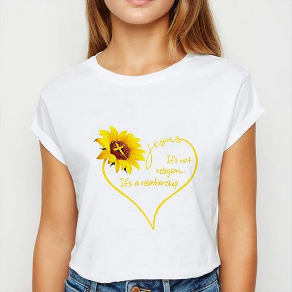 

heart shaped sunflower pretty women t shirts aesthetic fashion print graphic tees vogue vintage streetwear, White