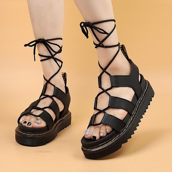 

sandals genuine leather cowhide women beach shoes woman summer outdoor sandalias chunky heels flat sandal platform, Black