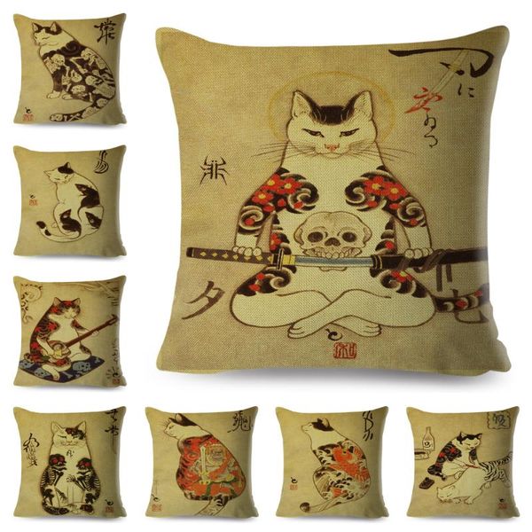

cushion/decorative pillow vintage japanese samurai cat tattoo cushion cover decor retro animal pillowcase for sofa home car polyester case 4