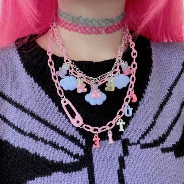 

chokers punk pendant necklace women colorful acrylic chain with gift cloud cute funny kpop pink bear female handmade jewelry, Golden;silver