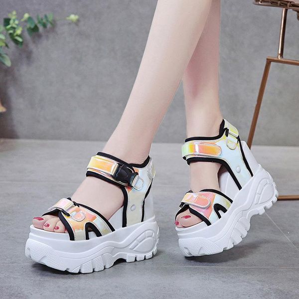 

dress shoes women chunky sandals hook loop peep toe woman 2021 high heels women's fashion wedges casual platform height increase, Black