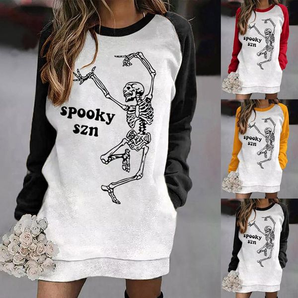 

casual dresses halloween long sleeve dress women's skeleton letter printing pullover o neck patchwork vestidos mujer, Black;gray