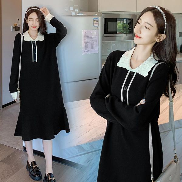 

maternity dresses mom autumn winter nursing knit dress fashion lapel sweaters for pregnant women pregnancy breastfeeding clothes, White