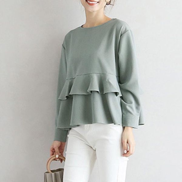 

women's blouses & shirts japanese and korean style stitching ruffled shirt long-sleeved solid color round neck autumn 2021, White