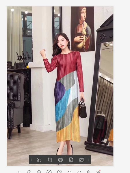 

dress miyake fashion fold long sleeve patchwork o-neck glossy, Black;gray