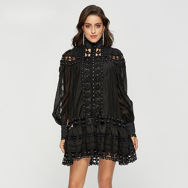 

casual dresses bonjean beading dress for women 2021 summer clothing lantern sleeve black shirt hollow out mini robe femme bj3708, Black;gray