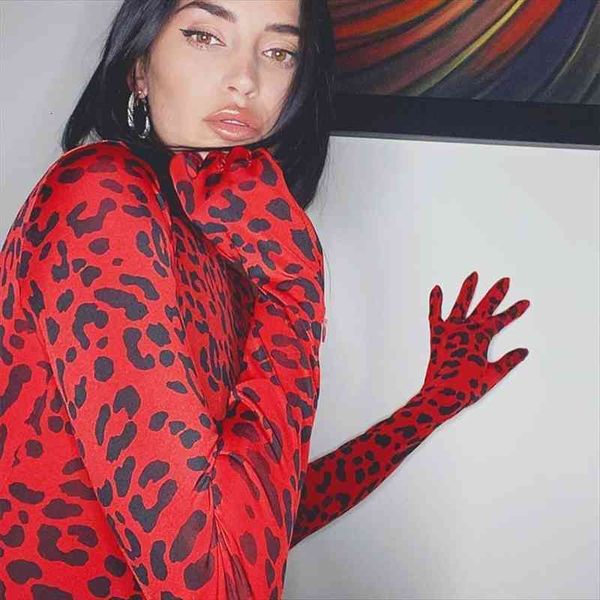 

vintage red leopard print turtleneck long sleeve skinny bodysuit with glovers autumn party clubwear outfit bodycon body top, Black;white