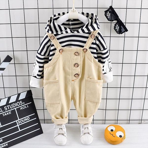 

girls boys clothes baby hooded t shirt clothing set fashion striped toddler kids overalls 1 2 3 4 years, White