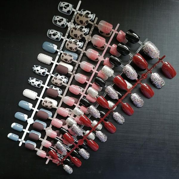 

false nails 24pcs leopard artificial press on detachable short nail tips glitter square matte full cover fake, Red;gold