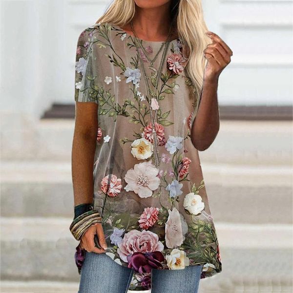 

women's t-shirt flower t shirt for women 2021 summer fashion casual printed short sleeve o-neck pullover loose tshirt mujer camisetas, White