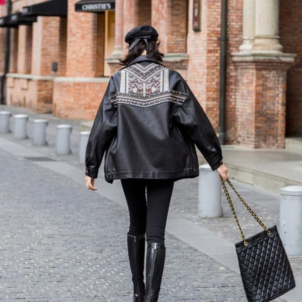 

women's leather & faux coat 2021 spring and autumn embroidered rivet loose motorcycle clothing pu jacket heavy industry clothes, Black