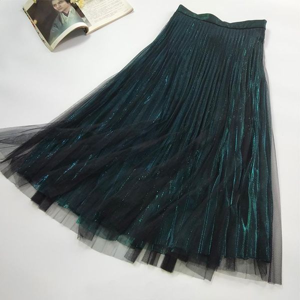 

skirts incense slim mesh skirt mid length women's bright silk is easy to match with high waist puffy pleated spring summer, Black