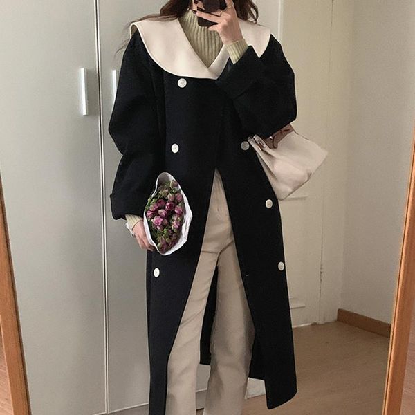

women's wool & blends [ewq] korean chic autumn winter contrast color doll collar double breasted loose over knee medium long woolen coa, Black